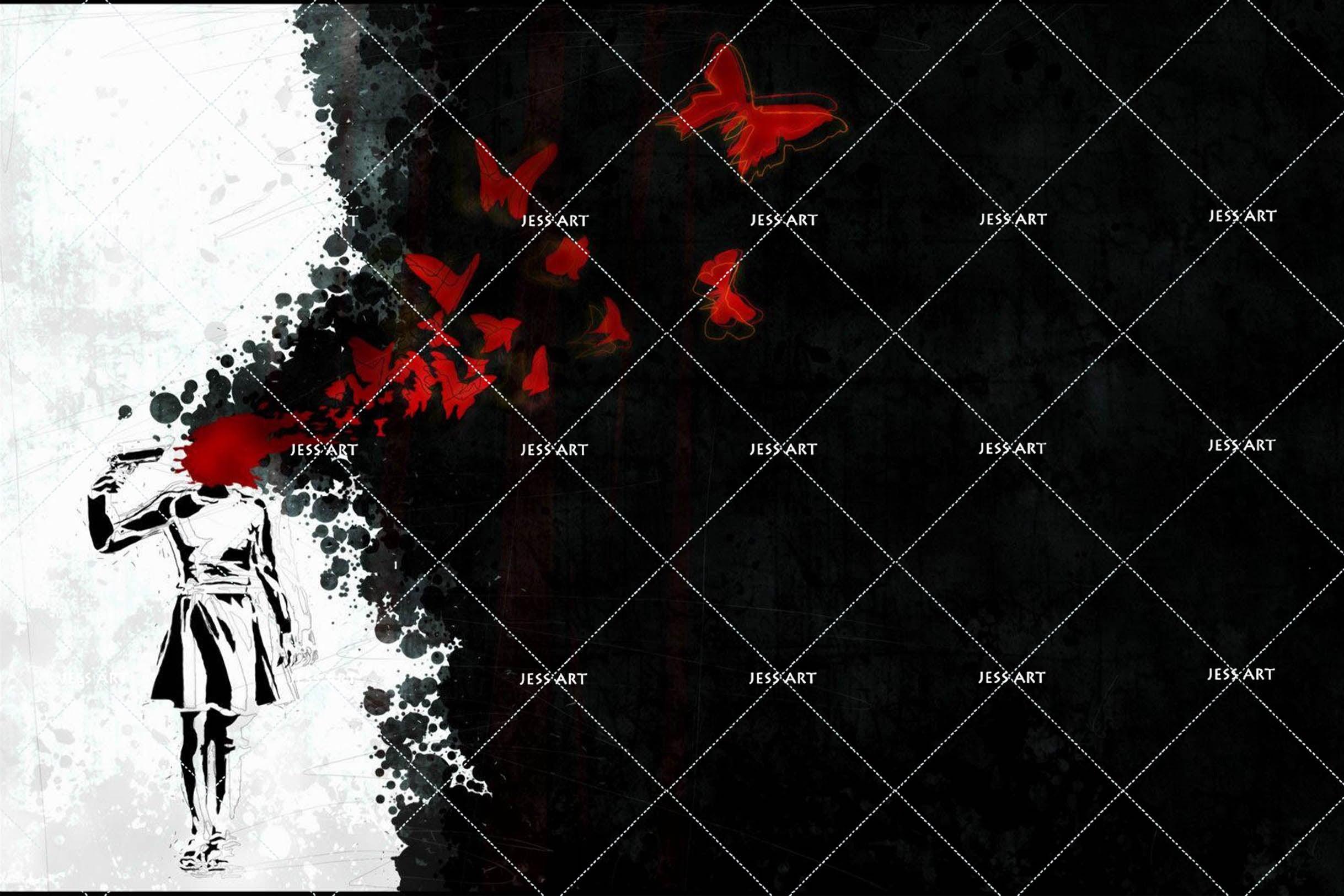 3D Black White Banksy Suicide Red Blood Butterfly Wall Mural Wallpaper ZY D121- Jess Art Decoration