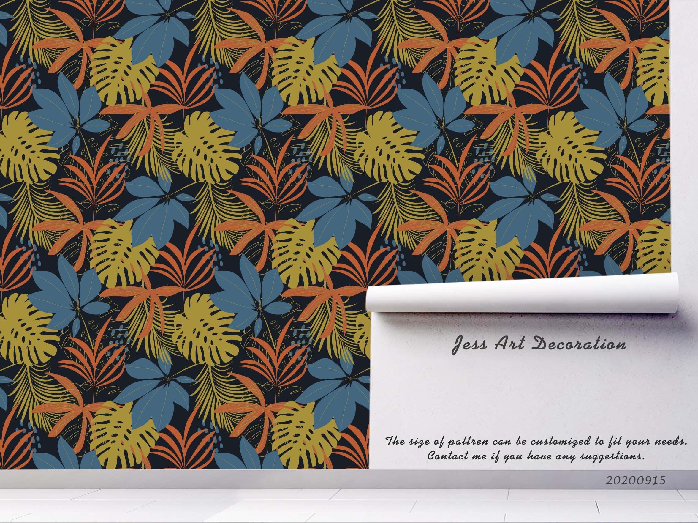 3D Hand Drawn Blue Leaves Plant Pattern Wall Mural Wallpaper LXL 243- Jess Art Decoration