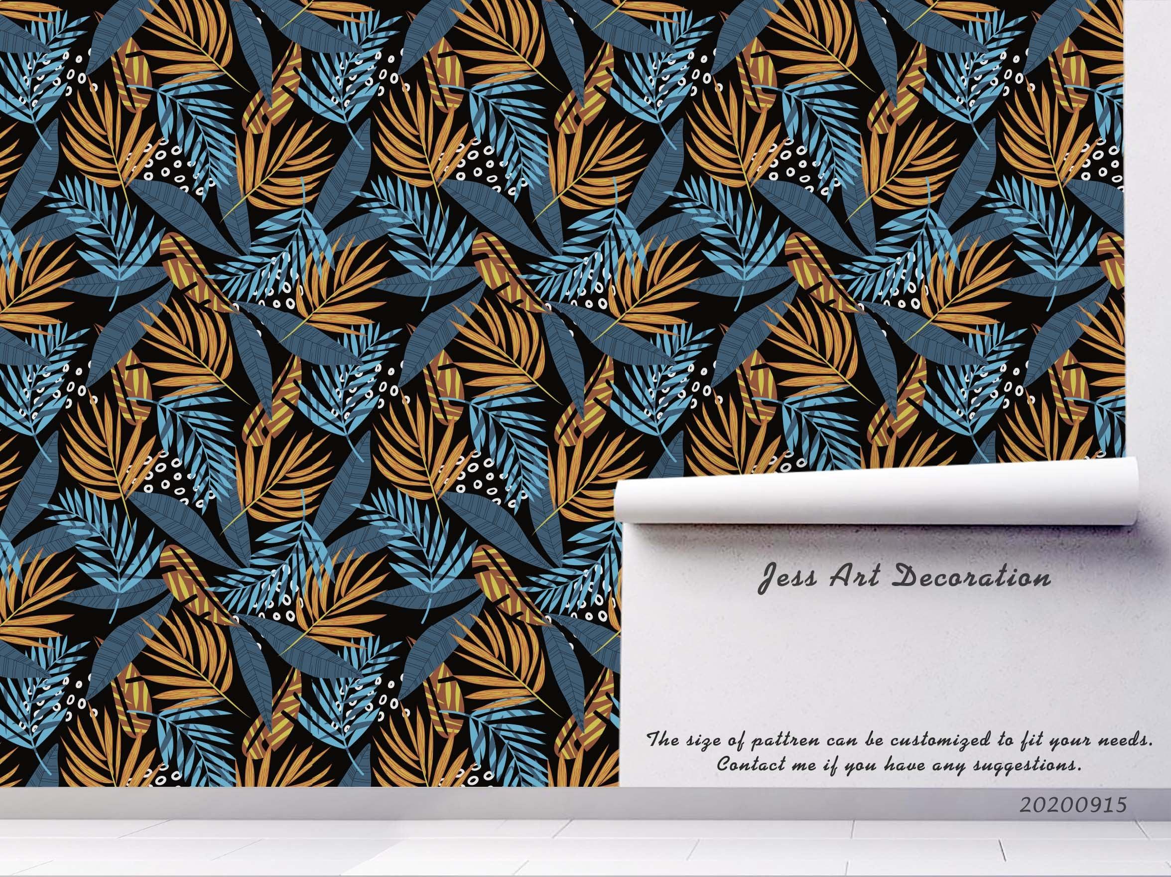 3D Hand Drawn Blue Yellow Leaves Plant Pattern Wall Mural Wallpaper LXL- Jess Art Decoration