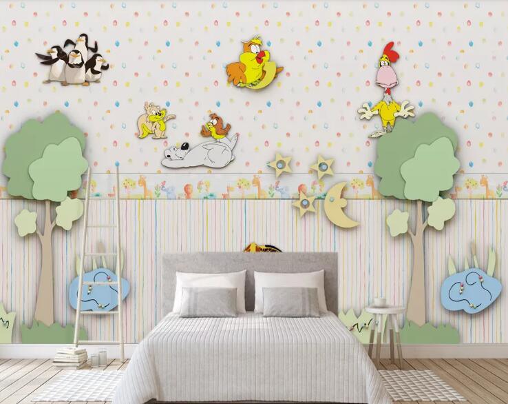 3D Cartoon Animal Dog Chicken Squirrel Penguin Plant Tree Moon Star Wall Mural Wallpaper LLL 1691- Jess Art Decoration