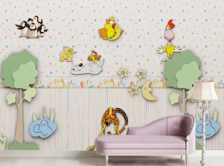 3D Cartoon Animal Dog Chicken Squirrel Penguin Plant Tree Moon Star Wall Mural Wallpaper LLL 1691- Jess Art Decoration