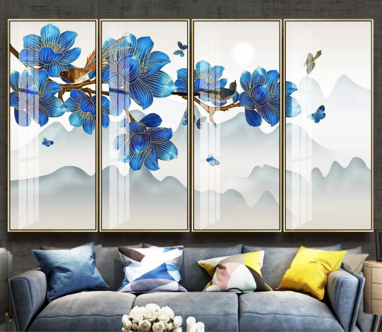 3D Blue Blossom Branch Mountains Bird Butterfly Wall Mural Wallpaper 1655- Jess Art Decoration