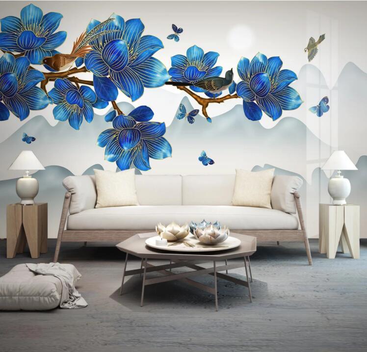 3D Blue Blossom Branch Mountains Bird Butterfly Wall Mural Wallpaper 1655- Jess Art Decoration