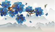 3D Blue Blossom Branch Mountains Bird Butterfly Wall Mural Wallpaper 1655- Jess Art Decoration