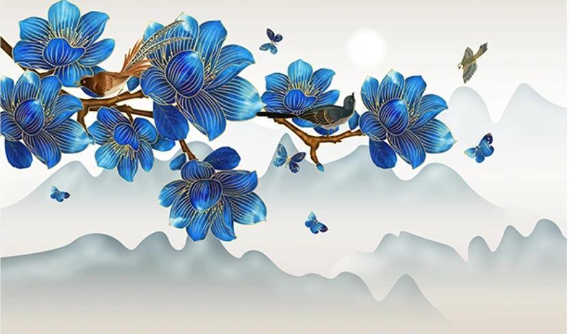 3D Blue Blossom Branch Mountains Bird Butterfly Wall Mural Wallpaper 1655- Jess Art Decoration