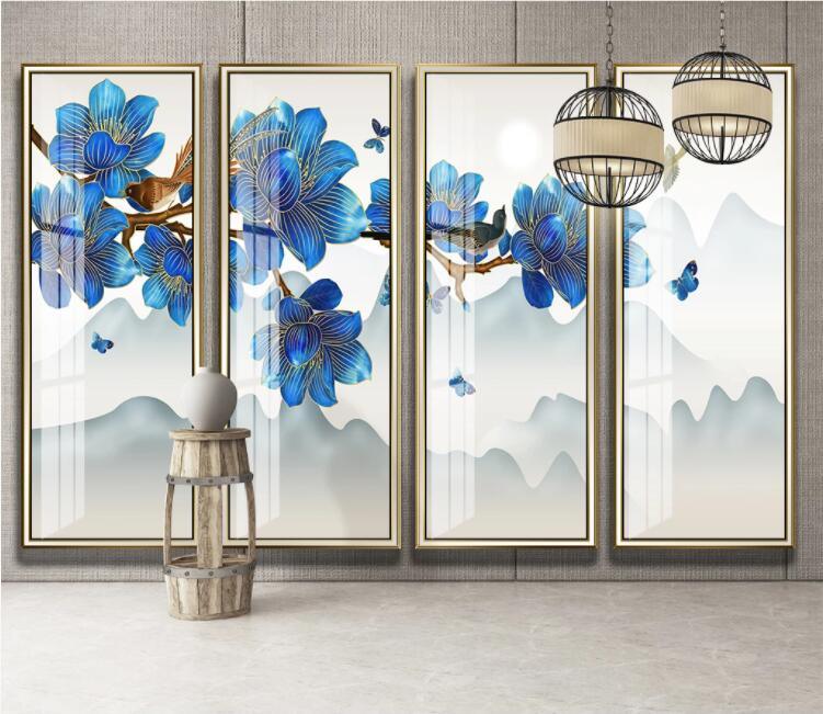 3D Blue Blossom Branch Mountains Bird Butterfly Wall Mural Wallpaper 1655- Jess Art Decoration