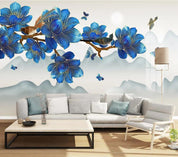 3D Blue Blossom Branch Mountains Bird Butterfly Wall Mural Wallpaper 1655- Jess Art Decoration