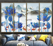 3D Mountains Boat Lotus Crane Wall Mural Wallpaper 1594- Jess Art Decoration