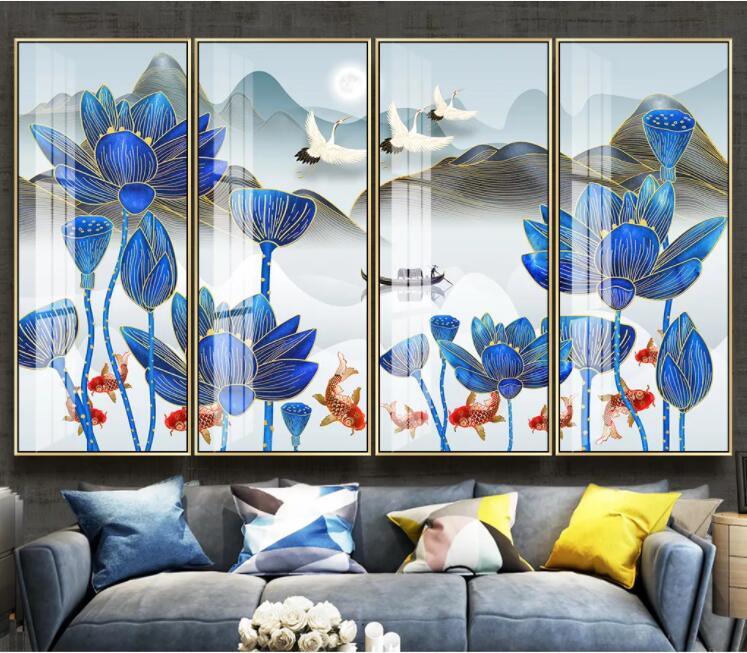 3D Mountains Boat Lotus Crane Wall Mural Wallpaper 1594- Jess Art Decoration