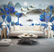 3D Mountains Boat Lotus Crane Wall Mural Wallpaper 1594- Jess Art Decoration