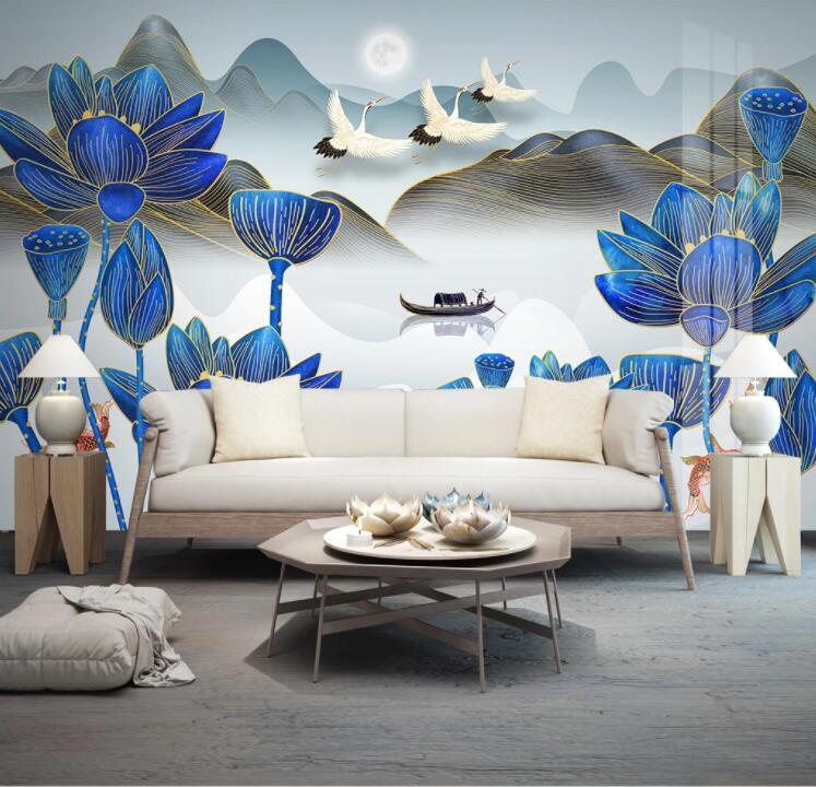3D Mountains Boat Lotus Crane Wall Mural Wallpaper 1594- Jess Art Decoration