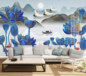 3D Mountains Boat Lotus Crane Wall Mural Wallpaper 1594- Jess Art Decoration