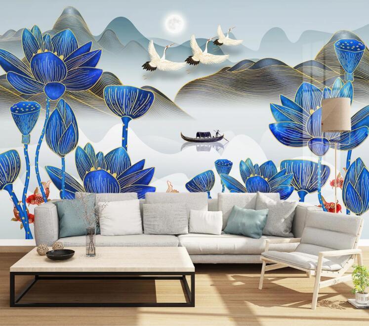 3D Mountains Boat Lotus Crane Wall Mural Wallpaper 1594- Jess Art Decoration