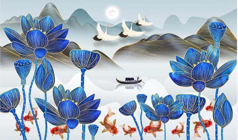 3D Mountains Boat Lotus Crane Wall Mural Wallpaper 1594- Jess Art Decoration