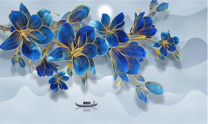3D Blue Magnolia Boat Wall Mural Wallpaper 1555- Jess Art Decoration