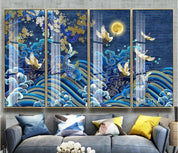 3D Blue Blossom Wave Fish Crane Moon Wall Mural Wallpaper 1535- Jess Art Decoration