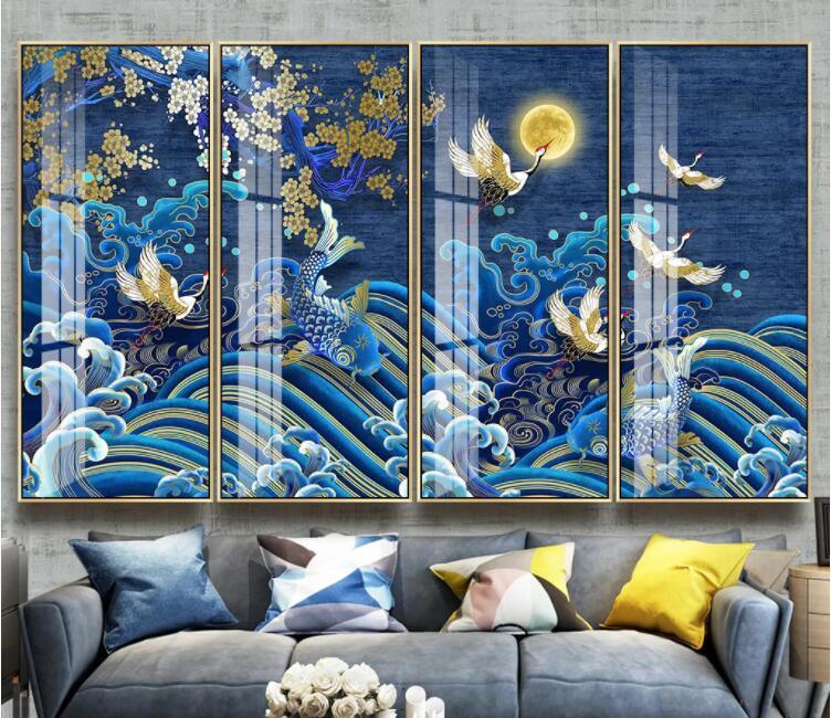 3D Blue Blossom Wave Fish Crane Moon Wall Mural Wallpaper 1535- Jess Art Decoration