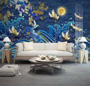 3D Blue Blossom Wave Fish Crane Moon Wall Mural Wallpaper 1535- Jess Art Decoration