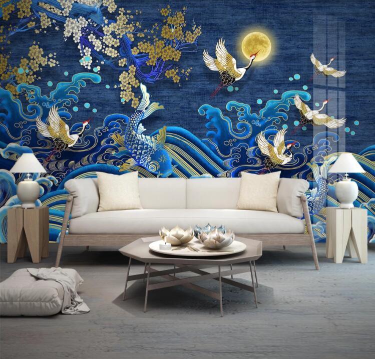 3D Blue Blossom Wave Fish Crane Moon Wall Mural Wallpaper 1535- Jess Art Decoration
