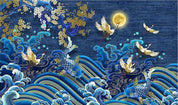 3D Blue Blossom Wave Fish Crane Moon Wall Mural Wallpaper 1535- Jess Art Decoration