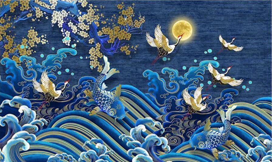 3D Blue Blossom Wave Fish Crane Moon Wall Mural Wallpaper 1535- Jess Art Decoration