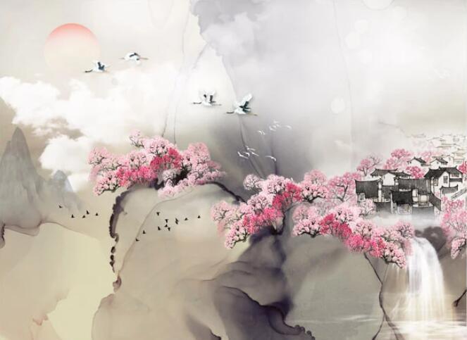3D Mountain Peach Blossom House Crane Wall Mural Wallpaper 2697- Jess Art Decoration