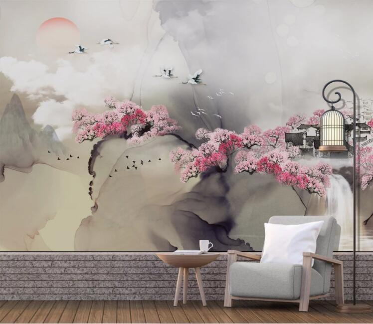3D Mountain Peach Blossom House Crane Wall Mural Wallpaper 2697- Jess Art Decoration