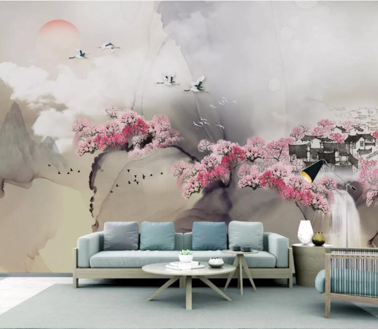 3D Mountain Peach Blossom House Crane Wall Mural Wallpaper 2697- Jess Art Decoration
