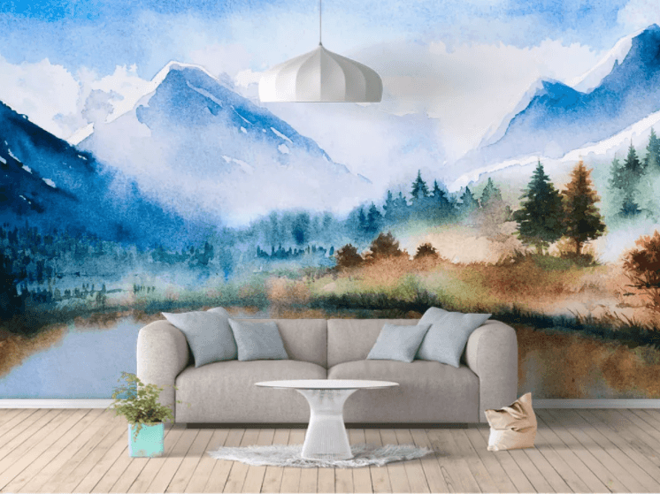 3D Blue Watercolor Forest Mountains Wall Mural Wallpaper 2018- Jess Art Decoration