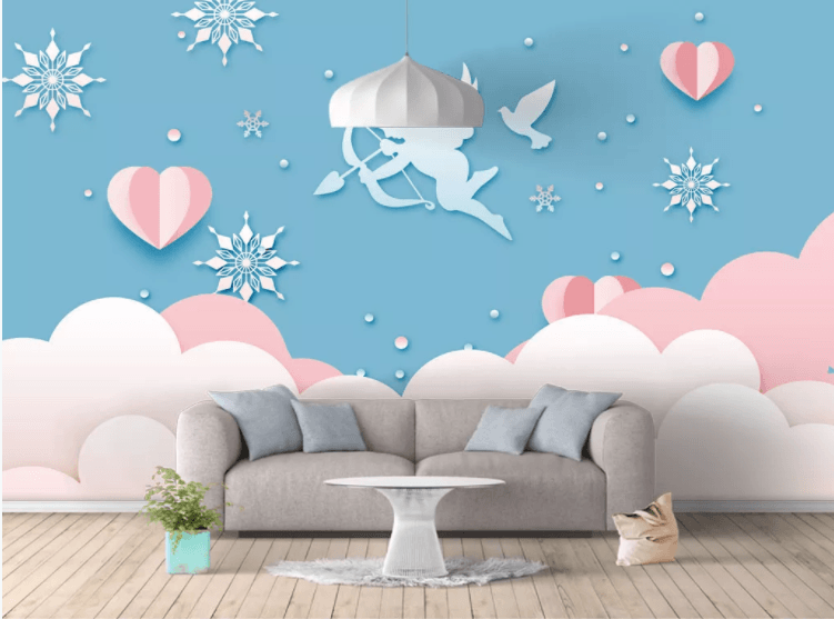 3D Blue Clouds Snowflake Cupid Heart Wall Mural Wallpaper 2022- Jess Art Decoration