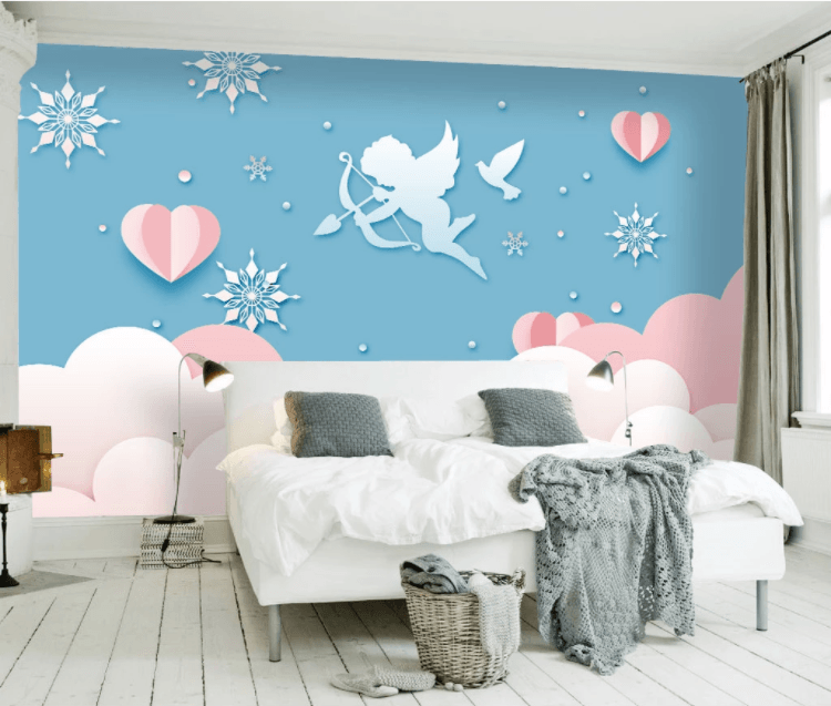3D Blue Clouds Snowflake Cupid Heart Wall Mural Wallpaper 2022- Jess Art Decoration