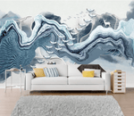 3D Blue Wavy Elk Boat Crane Bird Wall Mural Wallpaper 2258- Jess Art Decoration