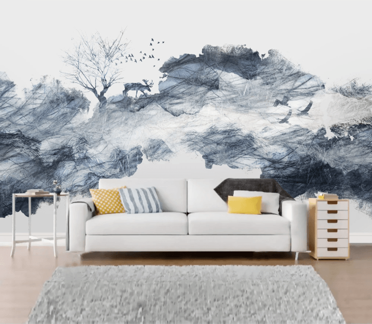 3D Blue Watercolor Tree Elk Bird Eagle Wall Mural Wallpaper 2233- Jess Art Decoration