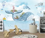 3D Blue Whale Cartoon Wall Mural Wallpaper 2074- Jess Art Decoration