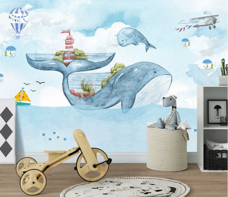3D Blue Whale Cartoon Wall Mural Wallpaper 2074- Jess Art Decoration
