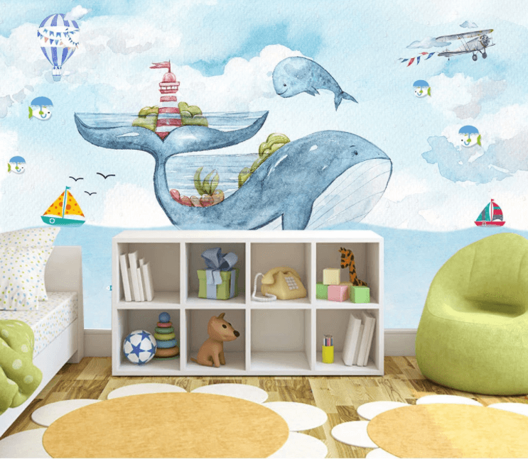 3D Blue Whale Cartoon Wall Mural Wallpaper 2074- Jess Art Decoration