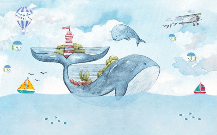 3D Blue Whale Cartoon Wall Mural Wallpaper 2074- Jess Art Decoration