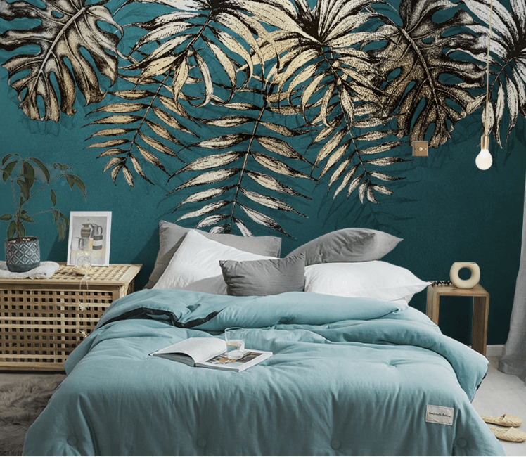 3D Blue Golden Leaves Wall Mural Wallpaper 1570- Jess Art Decoration