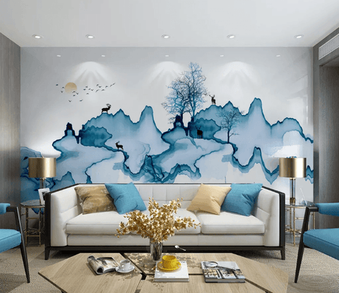 3D Blue Watercolor Elk Tree Boat Wall Mural Wallpaper 2534- Jess Art Decoration