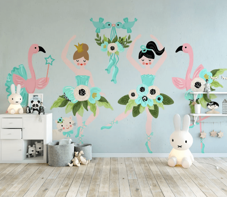 3D Cartoon Dance Girl Flamingo Wall Mural Wallpaper 2487- Jess Art Decoration