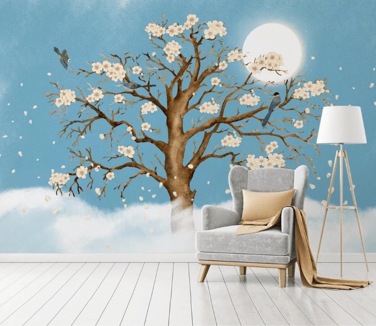 3D Blue Moon Tree Blossom Bird Wall Mural Wallpaper 2409- Jess Art Decoration