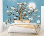 3D Blue Moon Tree Blossom Bird Wall Mural Wallpaper 2409- Jess Art Decoration