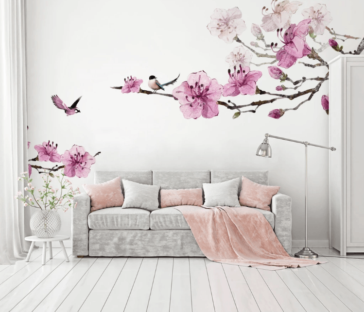 3D Pink Peach Blossom Bird Wall Mural Wallpaper 1372- Jess Art Decoration