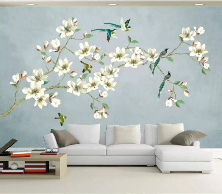 3D Blue Blossom Branch Bird Wall Mural Wallpaper 2428- Jess Art Decoration