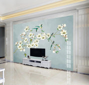 3D Blue Blossom Branch Bird Wall Mural Wallpaper 2428- Jess Art Decoration