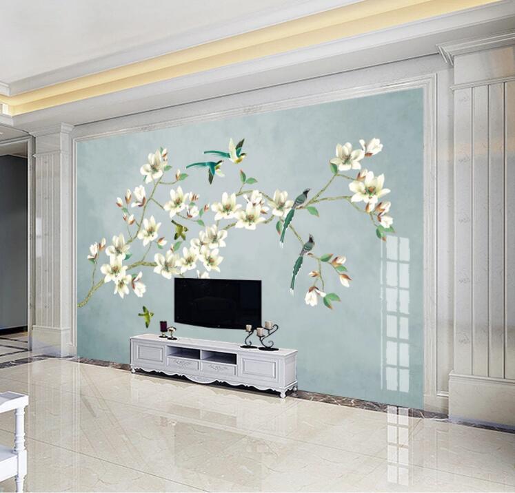 3D Blue Blossom Branch Bird Wall Mural Wallpaper 2428- Jess Art Decoration