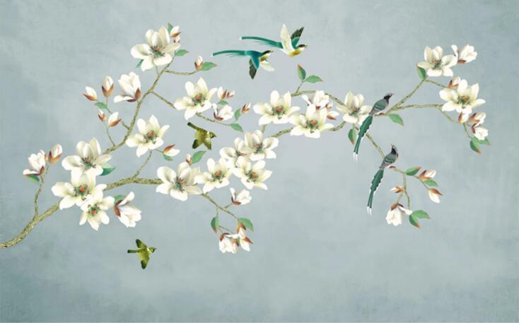 3D Blue Blossom Branch Bird Wall Mural Wallpaper 2428- Jess Art Decoration