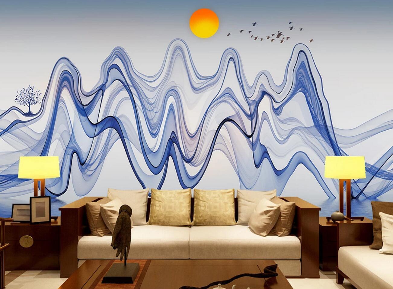 3D Blue Wavy Tree River Boat Bird Sun Wall Mural Wallpaper 1860- Jess Art Decoration