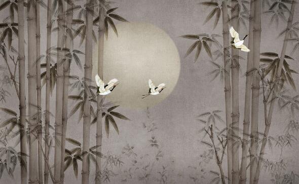 3D Bamboo Forest Crane Moon Wall Mural Wallpaper 2426- Jess Art Decoration