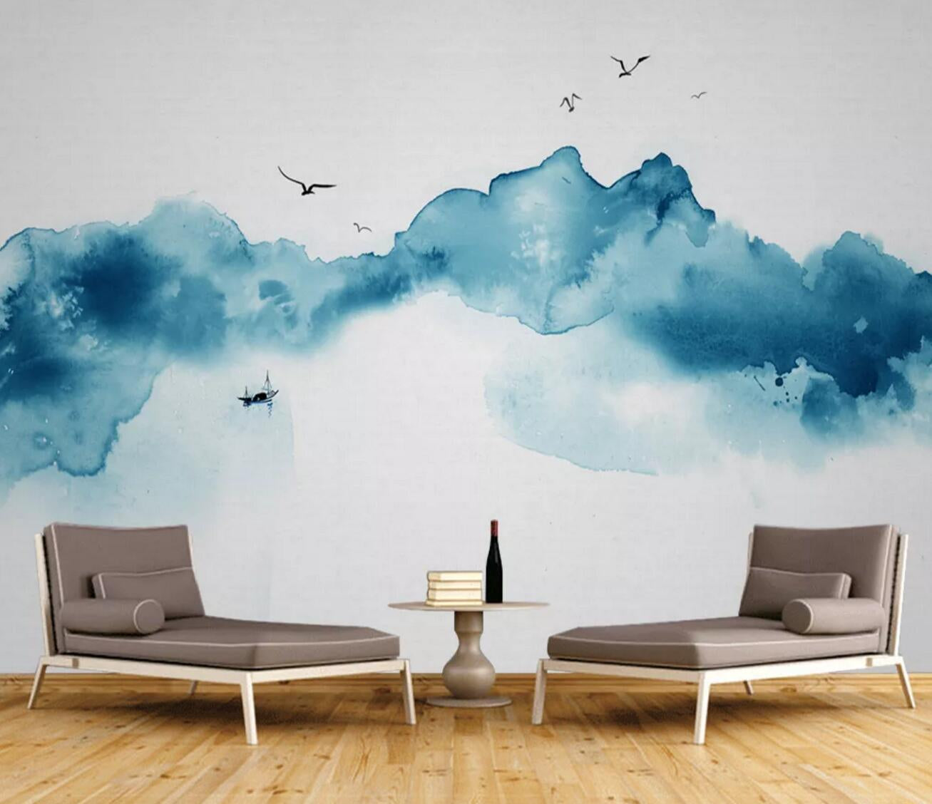 3D Blue Watercolor Boat Bird Wall Mural Wallpaper 1891- Jess Art Decoration
